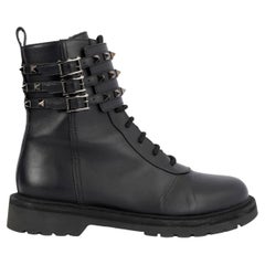 Used VALENTINO black leather ROCKSTUD BUCKLE Combat Boots Shoes 39.5