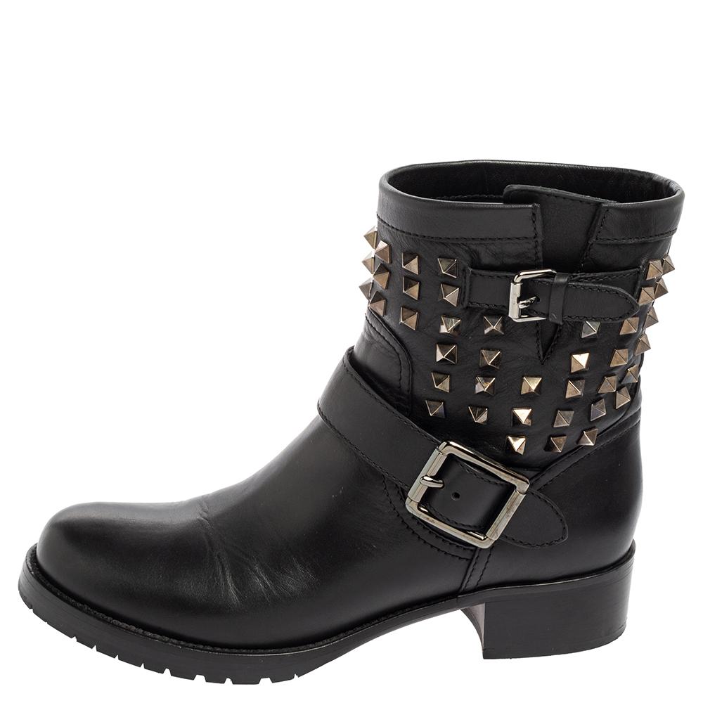 Valentino Black Leather Rockstud Combat 