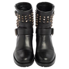Valentino Black Leather Rockstud Combat Boots Size 38.5