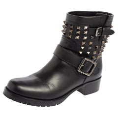Valentino Black Leather Rockstud Combat Boots Size 38.5