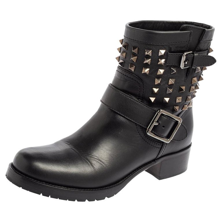 Valentino Black Leather Rockstud Combat Boots Size 38.5 at 1stDibs