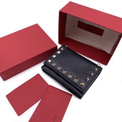 Valentino Black Leather Rockstud Compact French Flap Wallet