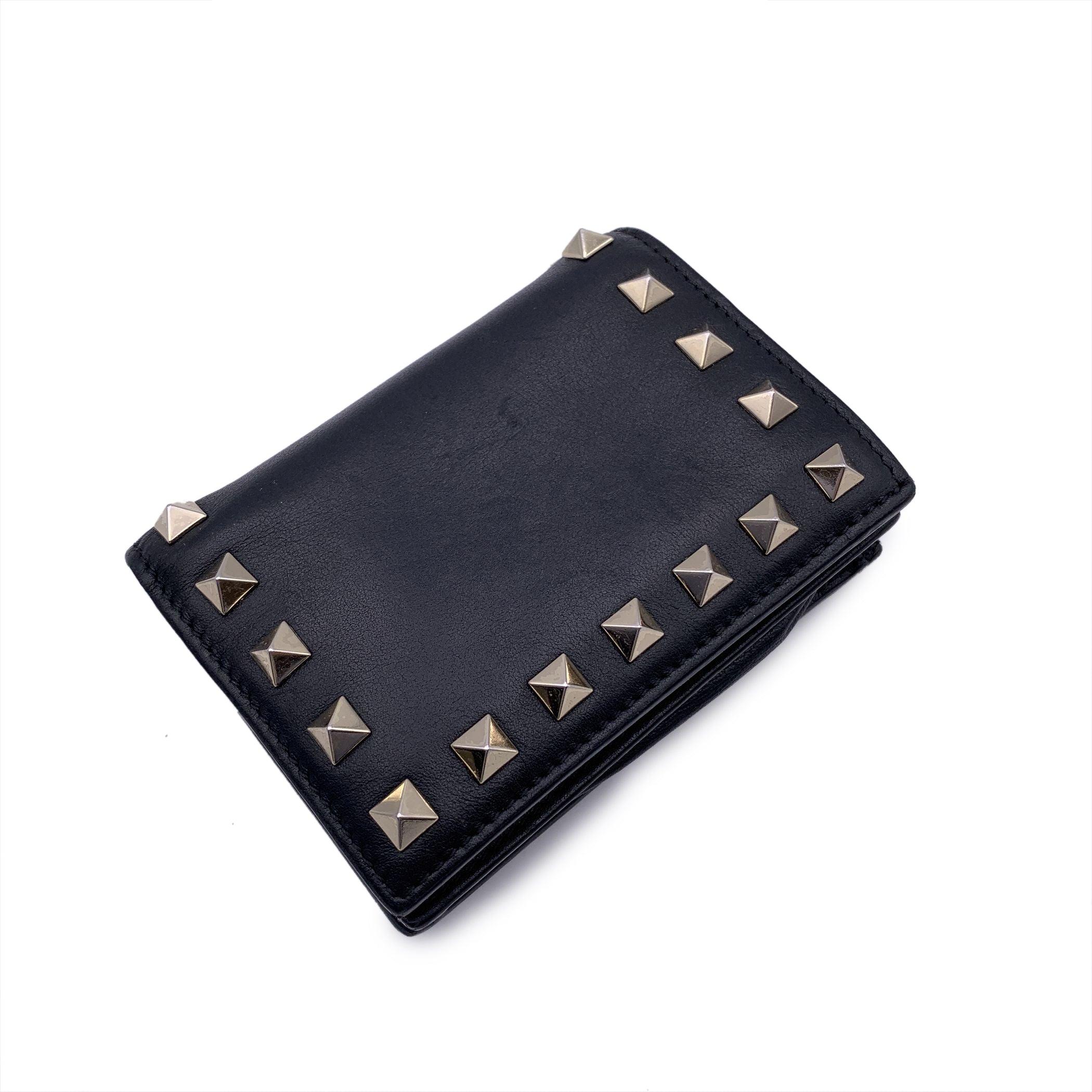 Women's Valentino Black Leather Rockstud Compact French Flap Wallet