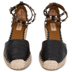 VALENTINO black leather ROCKSTUD DOUBLE 85 WEDGE Espadrille Shoes 39
