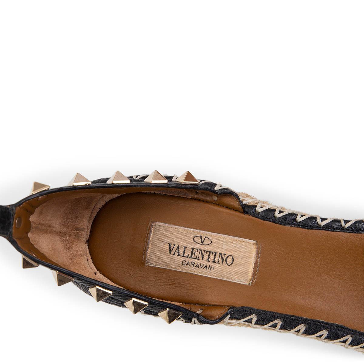 VALENTINO black leather ROCKSTUD DOUBLE 85 WEDGE Espadrille Shoes 39 In Excellent Condition In Zürich, CH