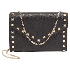 Valentino Black Leather Rockstud Envelope Wallet on Chain