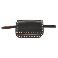 Valentino Black Leather Rockstud Flap Belt Bag