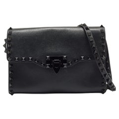 Valentino Black Leather Rockstud Flap Crossbody Bag