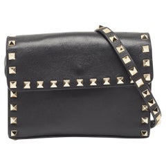Used Valentino Black Leather Rockstud Flap Crossbody Bag