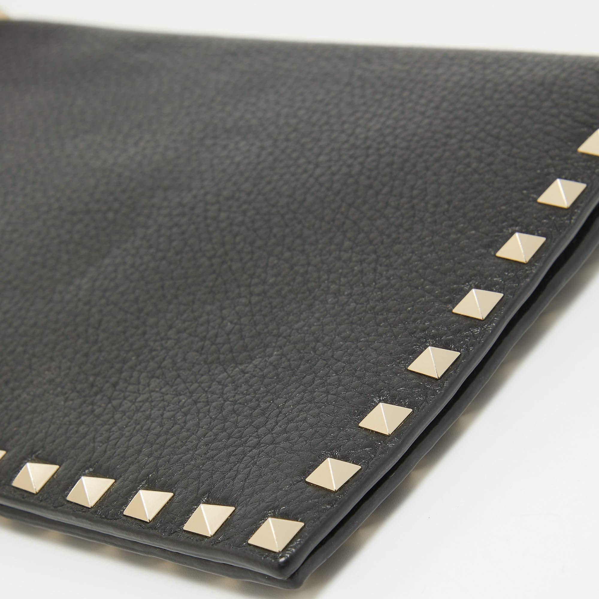 Valentino Black Leather Rockstud Flap Organizer Clutch For Sale 4