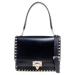 Valentino Black Leather Rockstud Flap Shoulder Bag