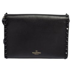 Valentino Black Leather Rockstud Flap Shoulder Bag