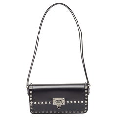 Valentino Black Leather Rockstud Flap Shoulder Bag