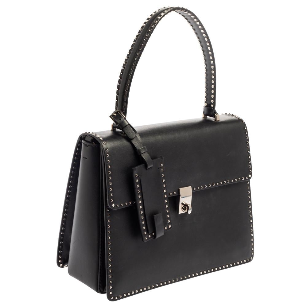 Women's Valentino Black Leather Rockstud Flap Top Handle Bag