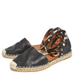 Valentino Black Leather Rockstud Flat Espadrilles Size 37