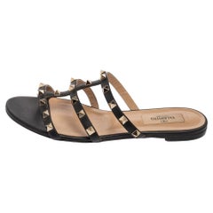 Valentino Black Leather Rockstud Flat Slides Size 37