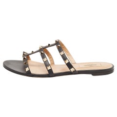 Valentino Black Leather Rockstud Flat Slides Size 39.5