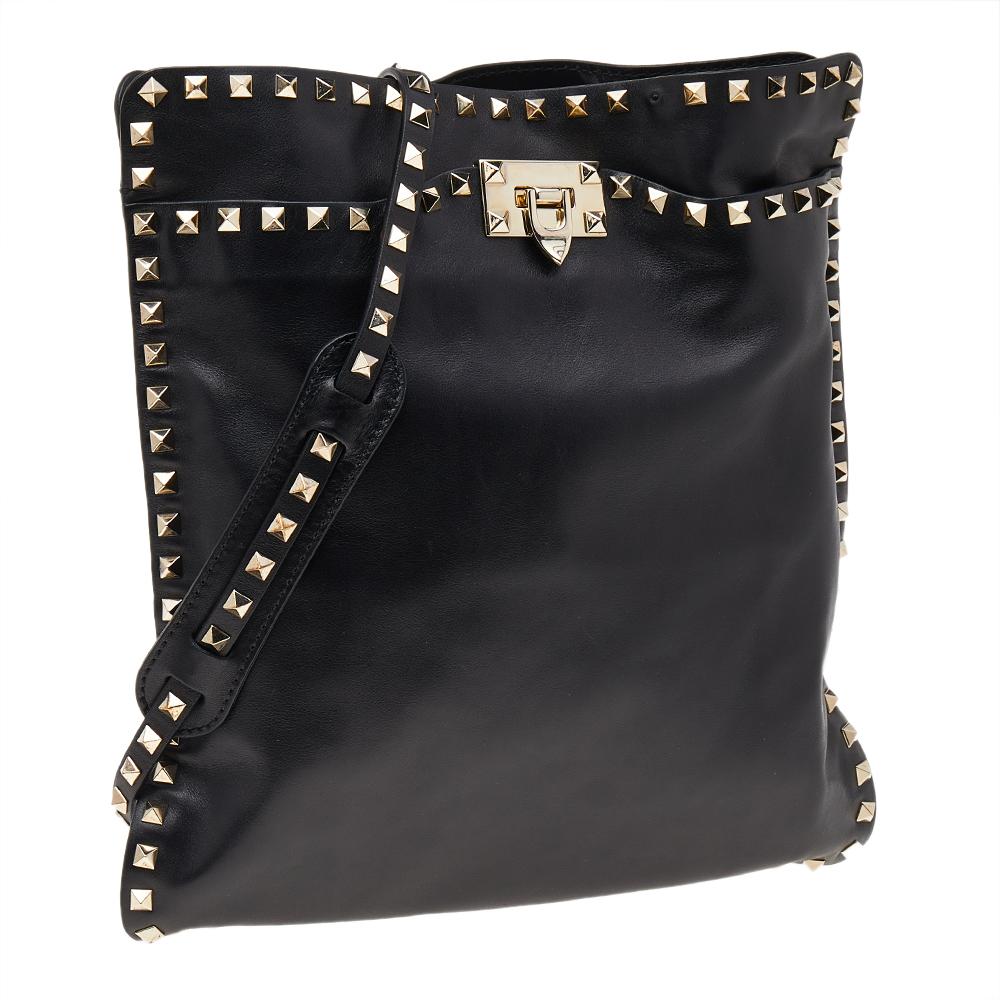 Women's Valentino Black Leather Rockstud Flip-Lock Messenger Bag