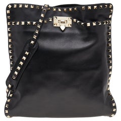 Valentino Black Leather Rockstud Flip-Lock Messenger Bag