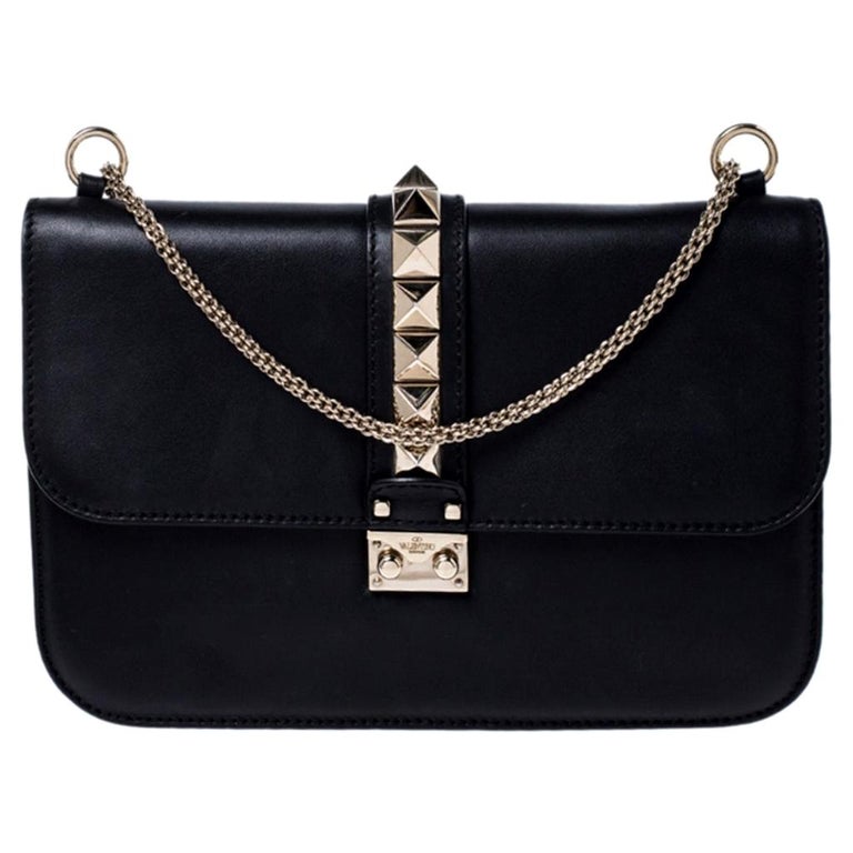 Valentino Black Leather Rockstud Glam Lock Large Flap Bag For Sale at ...