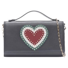 VALENTINO black leather Rockstud green red heart gold chain wallet clutch
