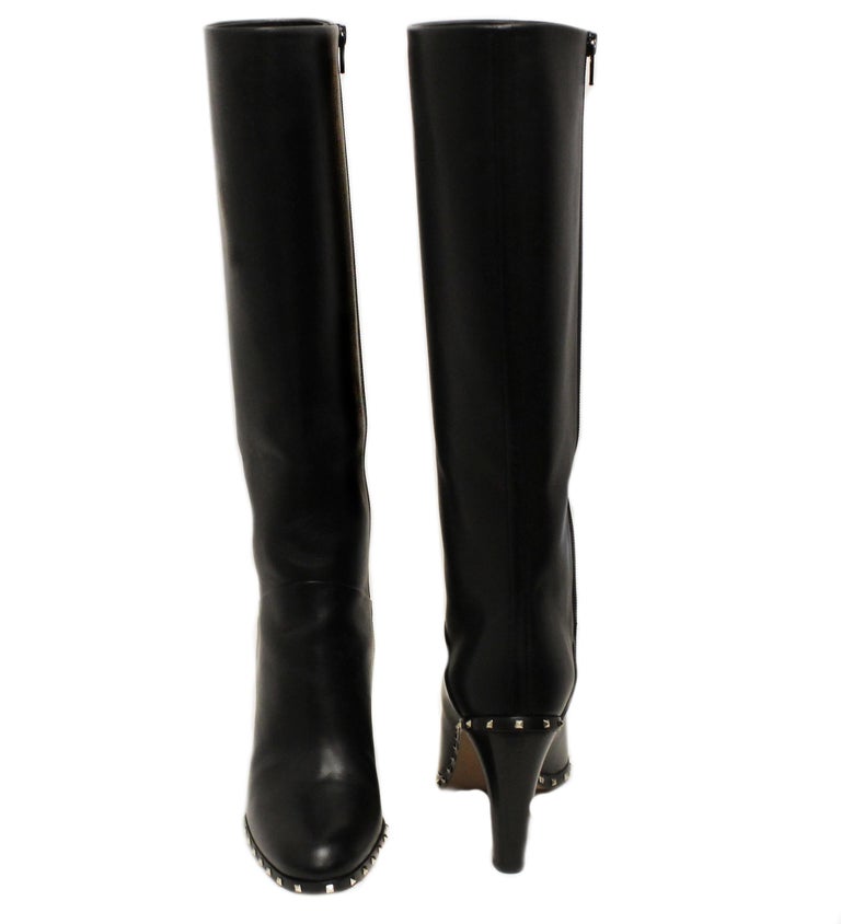 Valentino Black Leather Rockstud Knee High Boots For Sale at 1stdibs