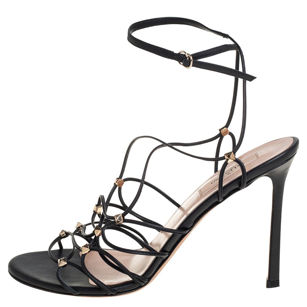 Valentino Black Leather Rockstud Lace up Sandals Size 39 1