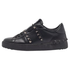 Used Valentino Black Leather Rockstud Low Top Sneakers Size 36.5