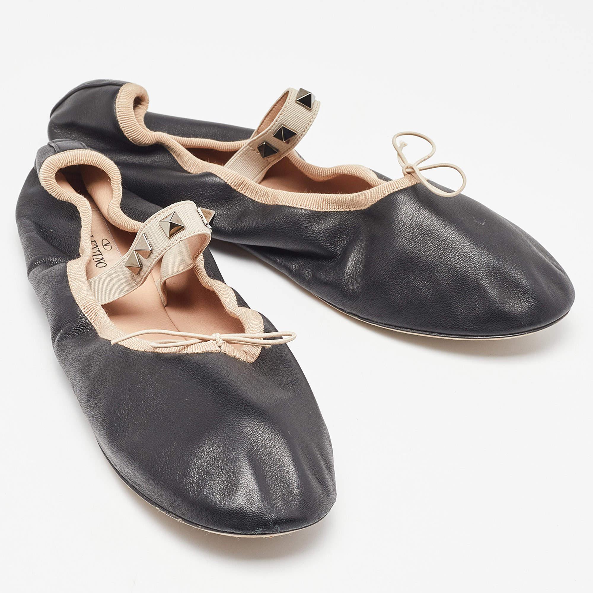 Valentino Black Leather Rockstud Mary Jane Bow Ballet Flats Size 38.5 1