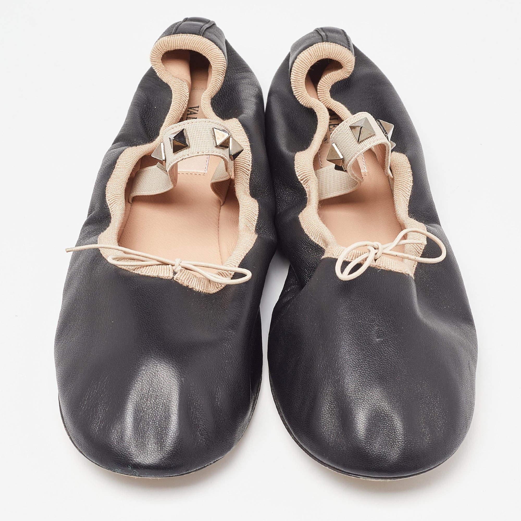 Valentino Black Leather Rockstud Mary Jane Bow Ballet Flats Size 38.5 2