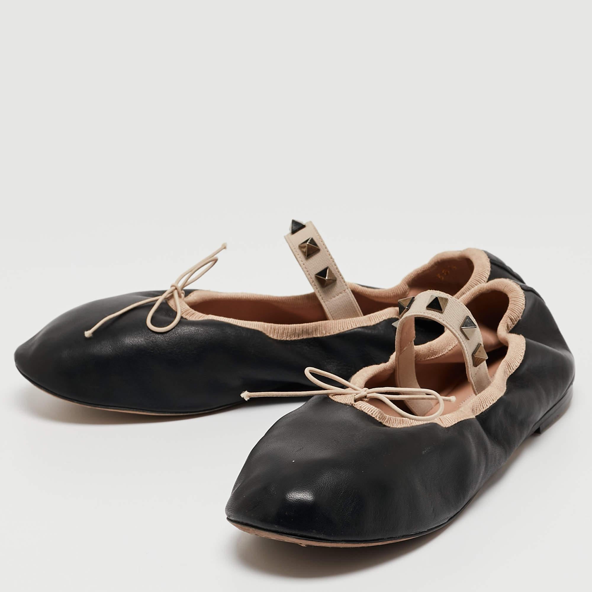Valentino Black Leather Rockstud Mary Jane Bow Ballet Flats Size 38.5 3