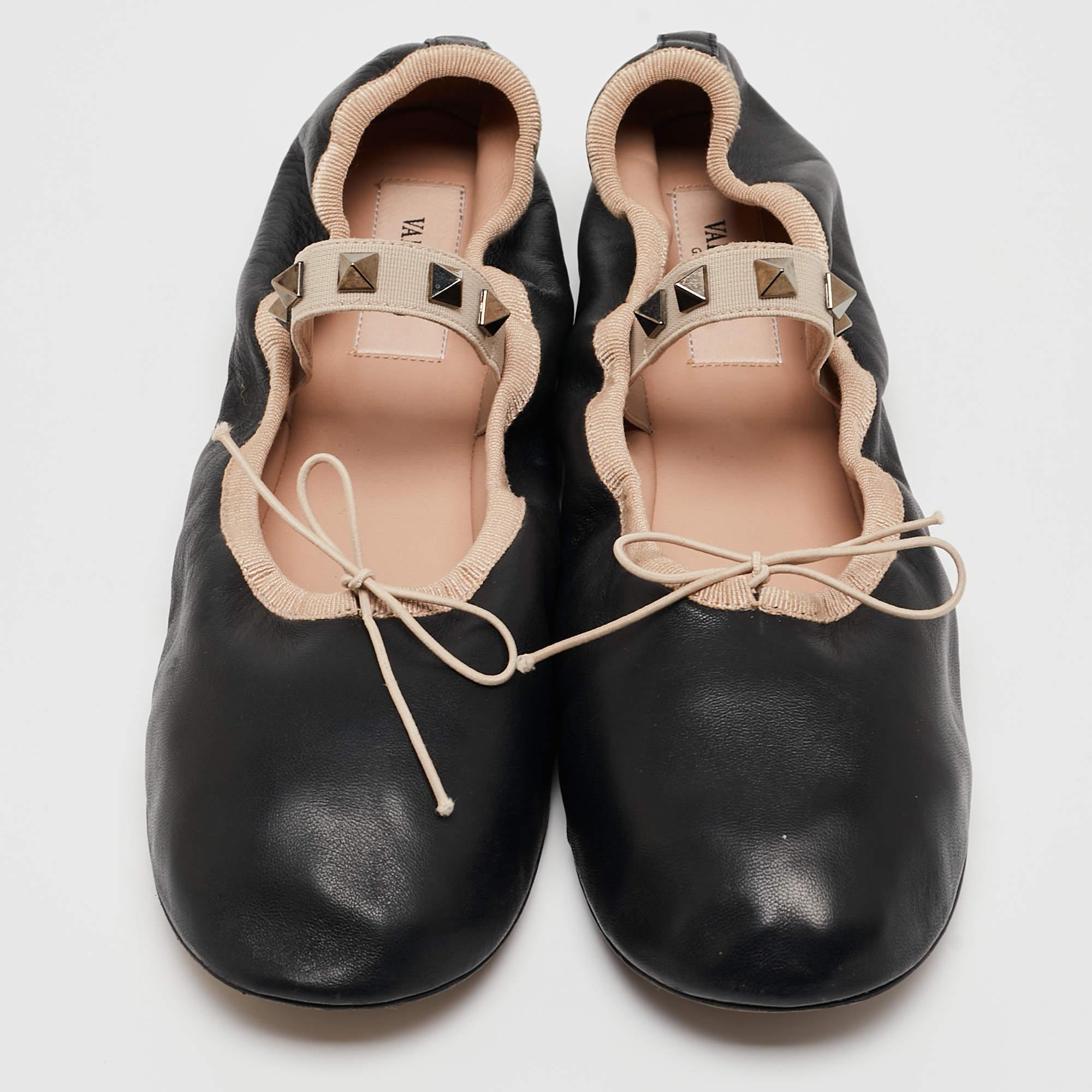 Valentino Black Leather Rockstud Mary Jane Bow Ballet Flats Size 38.5 4
