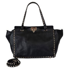 VALENTINO black leather ROCKSTUD MEDIUM TOTE Bag