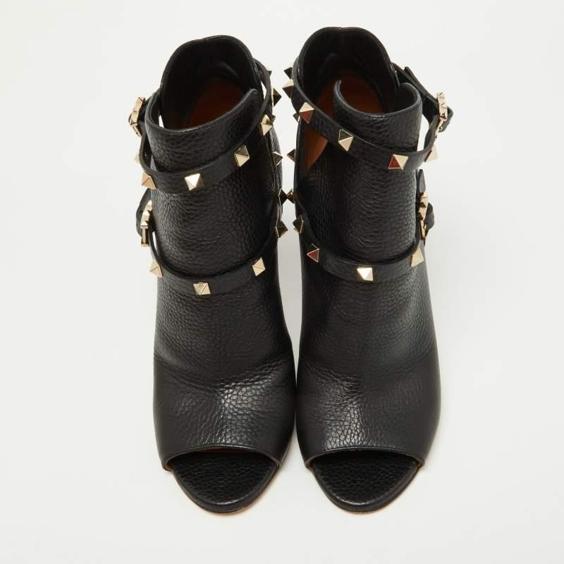Valentino Black Leather Rockstud Open Toe Ankle Boots Size 38 3