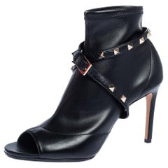 Valentino Black Leather Rockstud Peep Toe Ankle Boots Size 38.5
