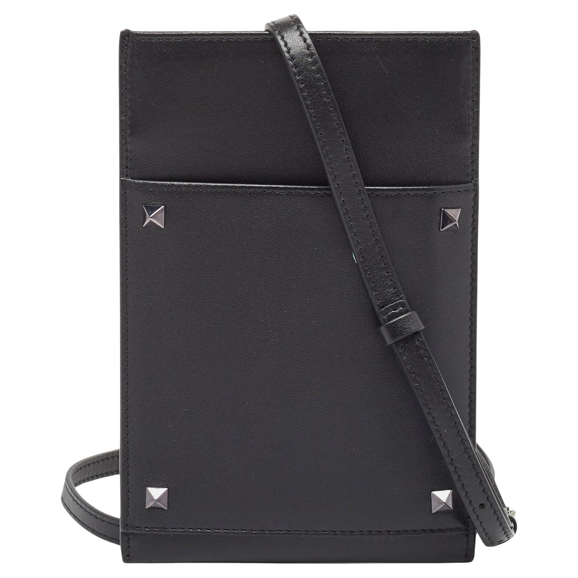 Valentino Black Leather Rockstud Phone Crossbody Bag