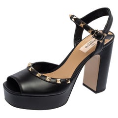Valentino Black Leather Rockstud Platform Sandals Size 38