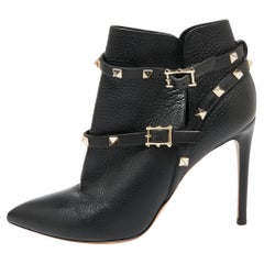 Valentino Black Leather Rockstud Pointed Toe Ankle Boots Size 39