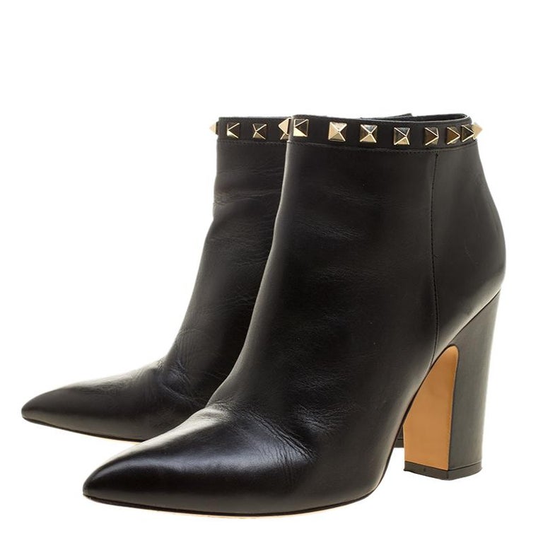 Valentino Black Leather Rockstud Pointed Toe Block Heel Ankle Boots ...