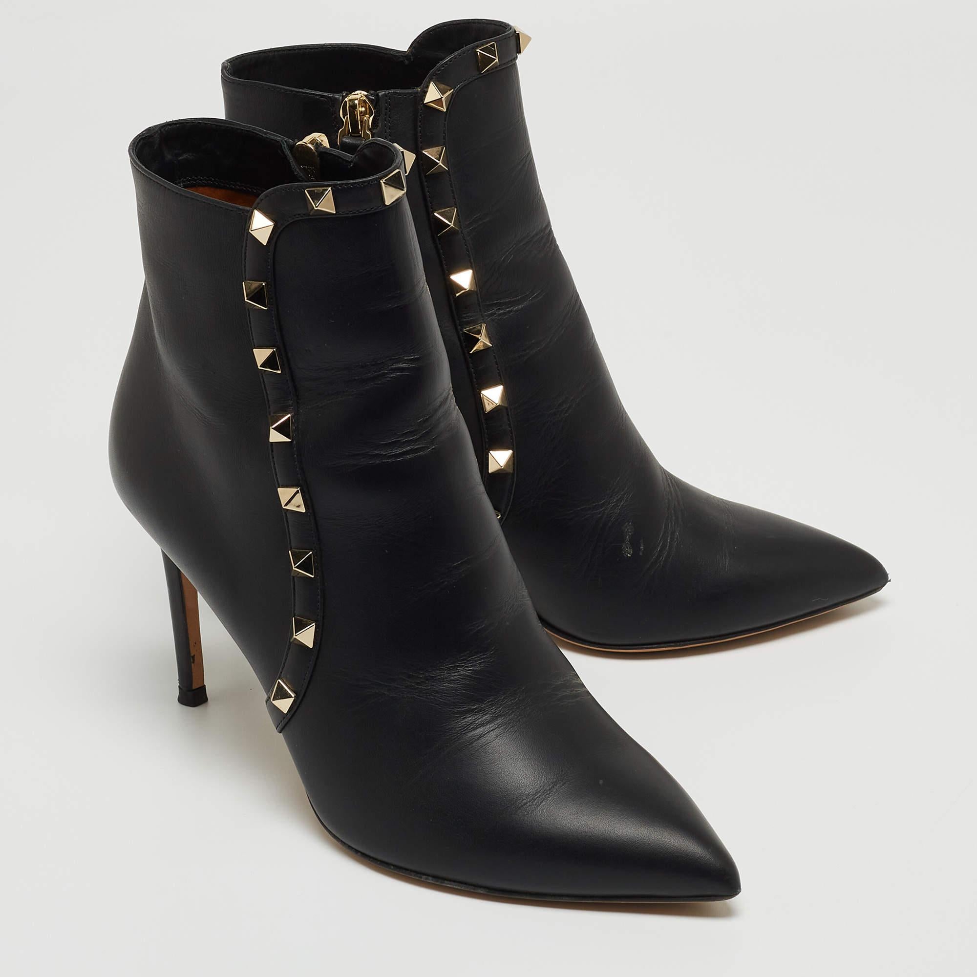 Valentino Black Leather Rockstud Pointed Toe Boots Size 37 1