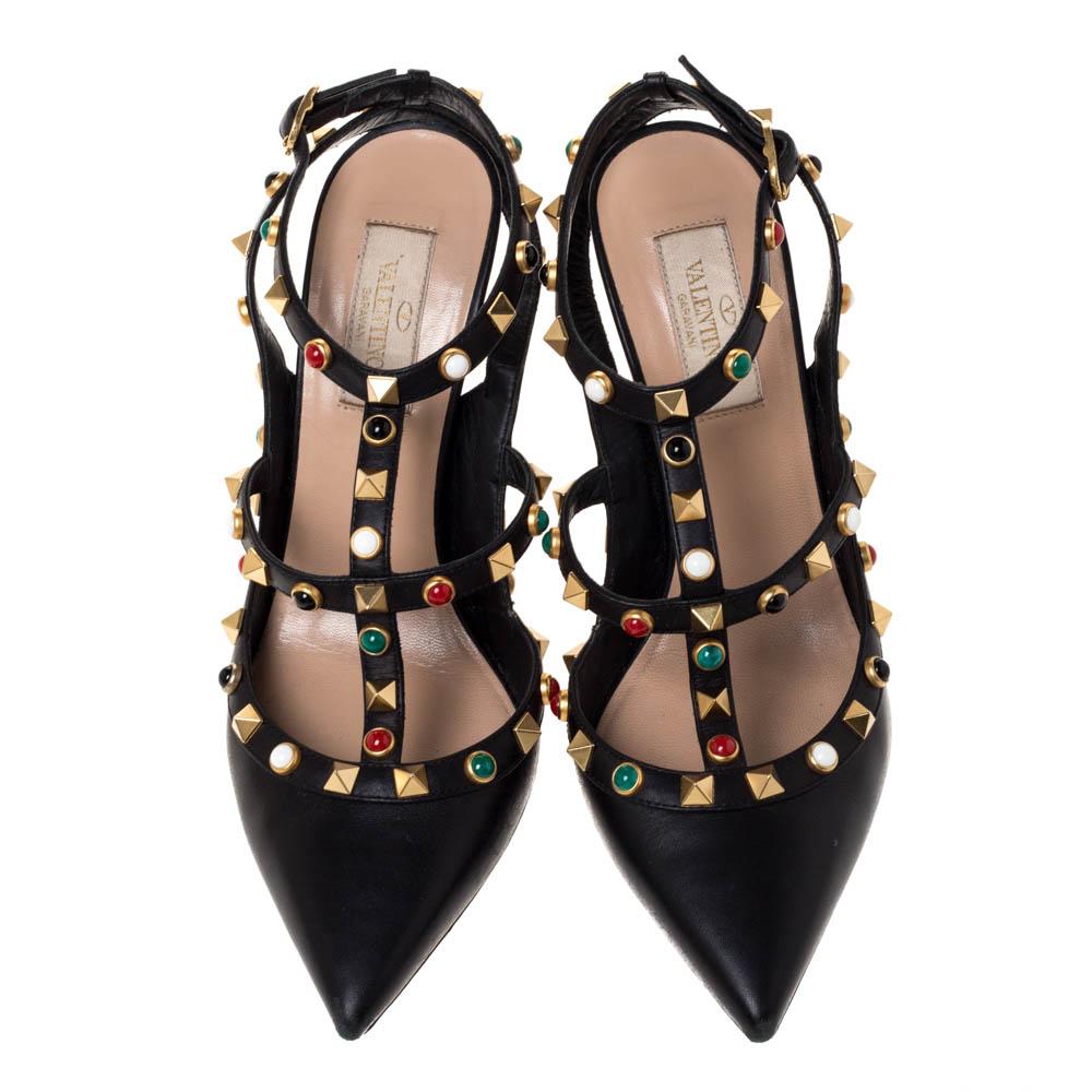 Valentino Black Leather Rockstud Rolling Ankle Strap Sandals Size 37.5 In Fair Condition In Dubai, Al Qouz 2