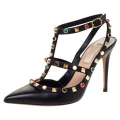 Valentino Black Leather Rockstud Rolling Ankle Strap Sandals Size 37.5