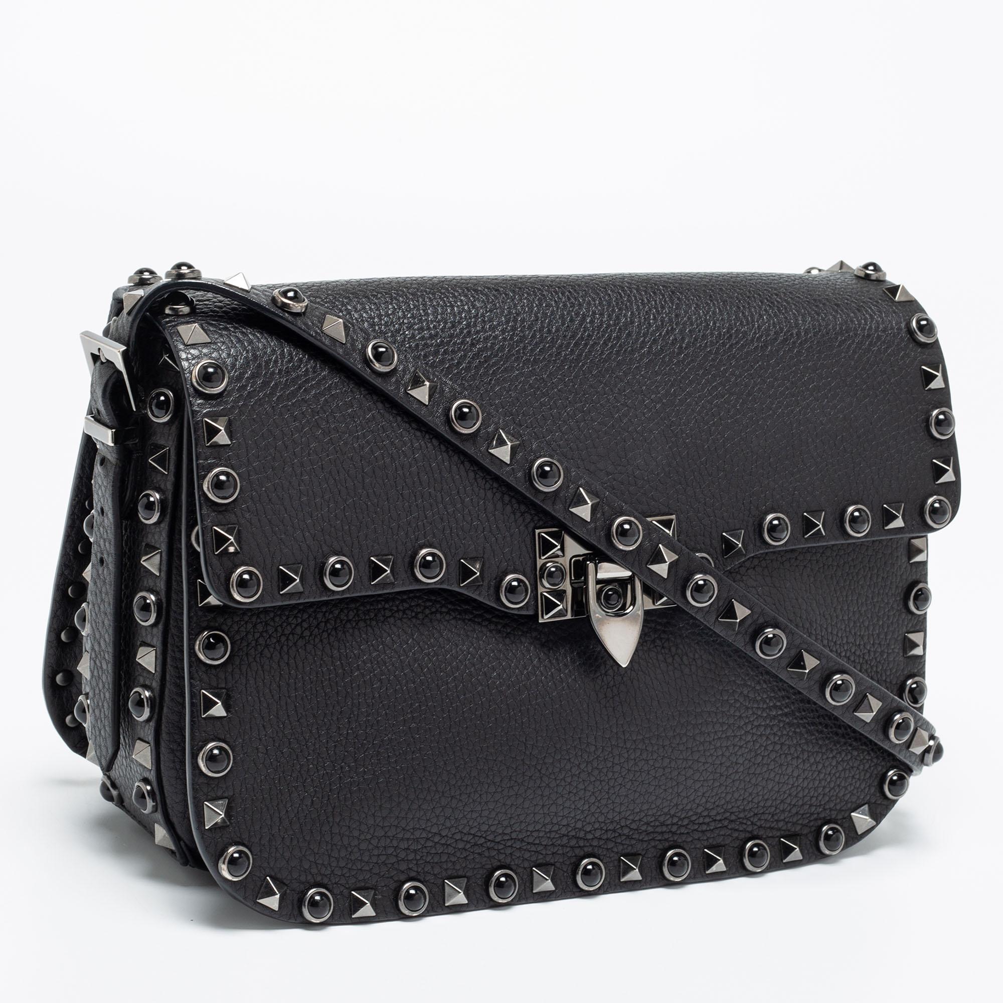 Women's Valentino Black Leather Rockstud Rolling Shoulder Bag