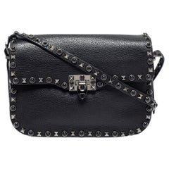 Valentino Black Leather Rockstud Rolling Shoulder Bag