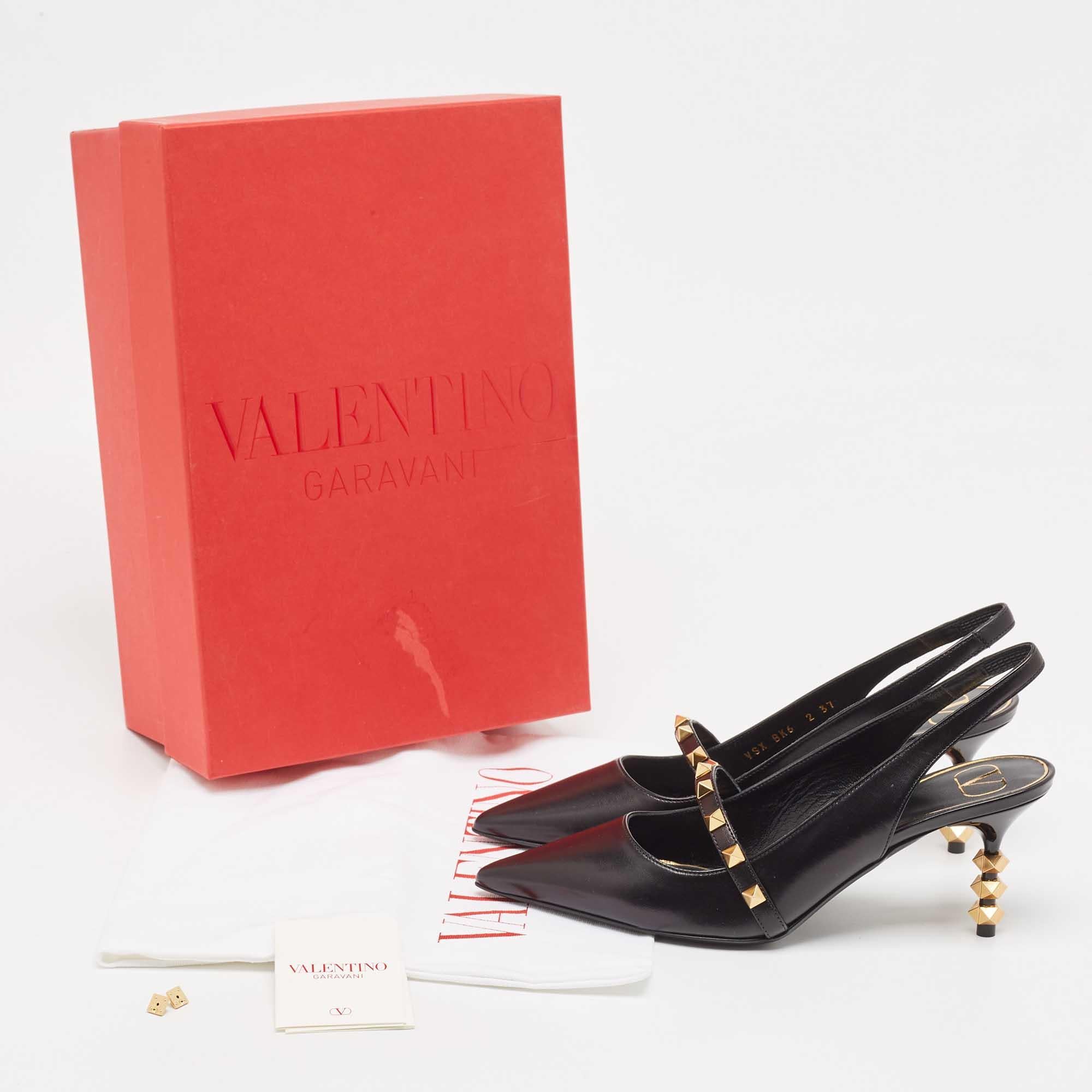 Valentino Black Leather Rockstud Slingback Pumps Size 37 For Sale 3