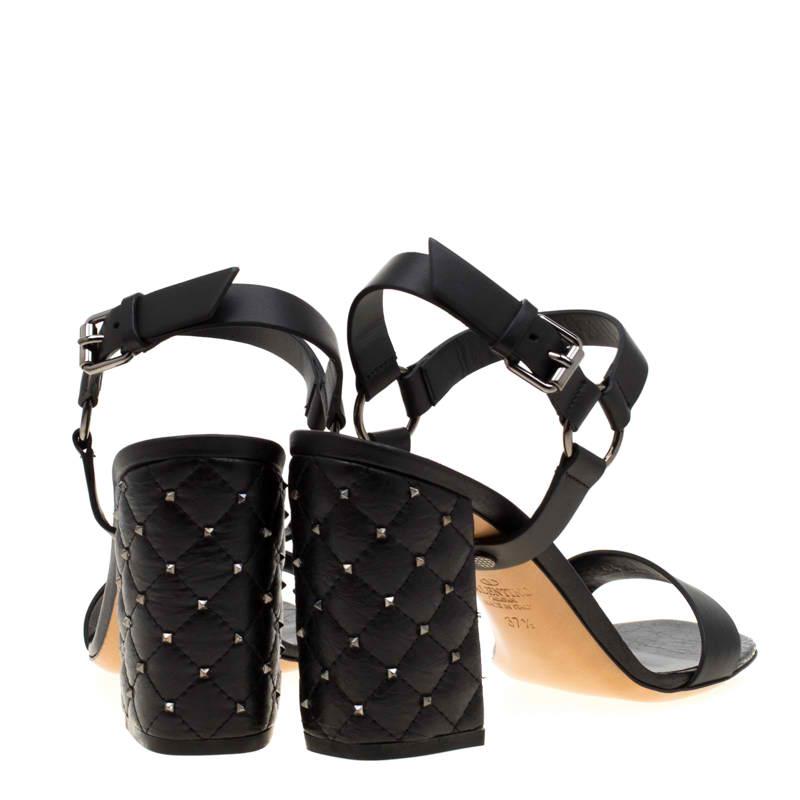 Women's Valentino Black Leather Rockstud Spike Block Heel Sandals Size 38