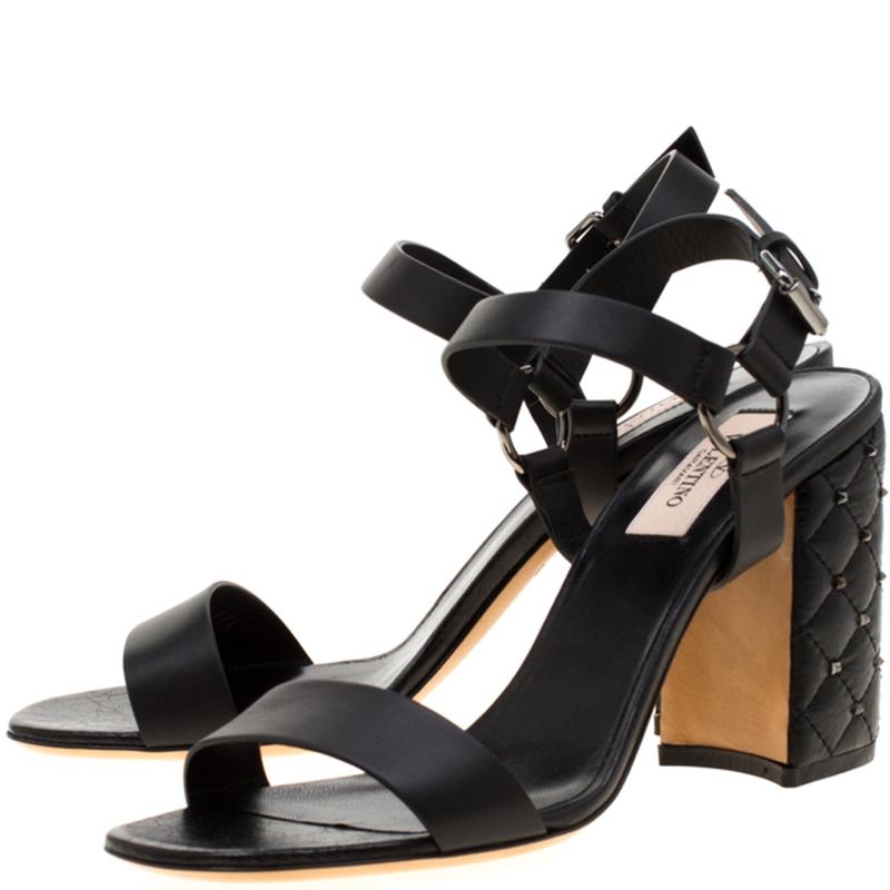 Women's Valentino Black Leather Rockstud Spike Block Heel Sandals Size 38