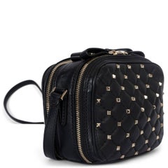 VALENTINO black leather ROCKSTUD SPIKE DOUBLE ZIP CAMERA Bag