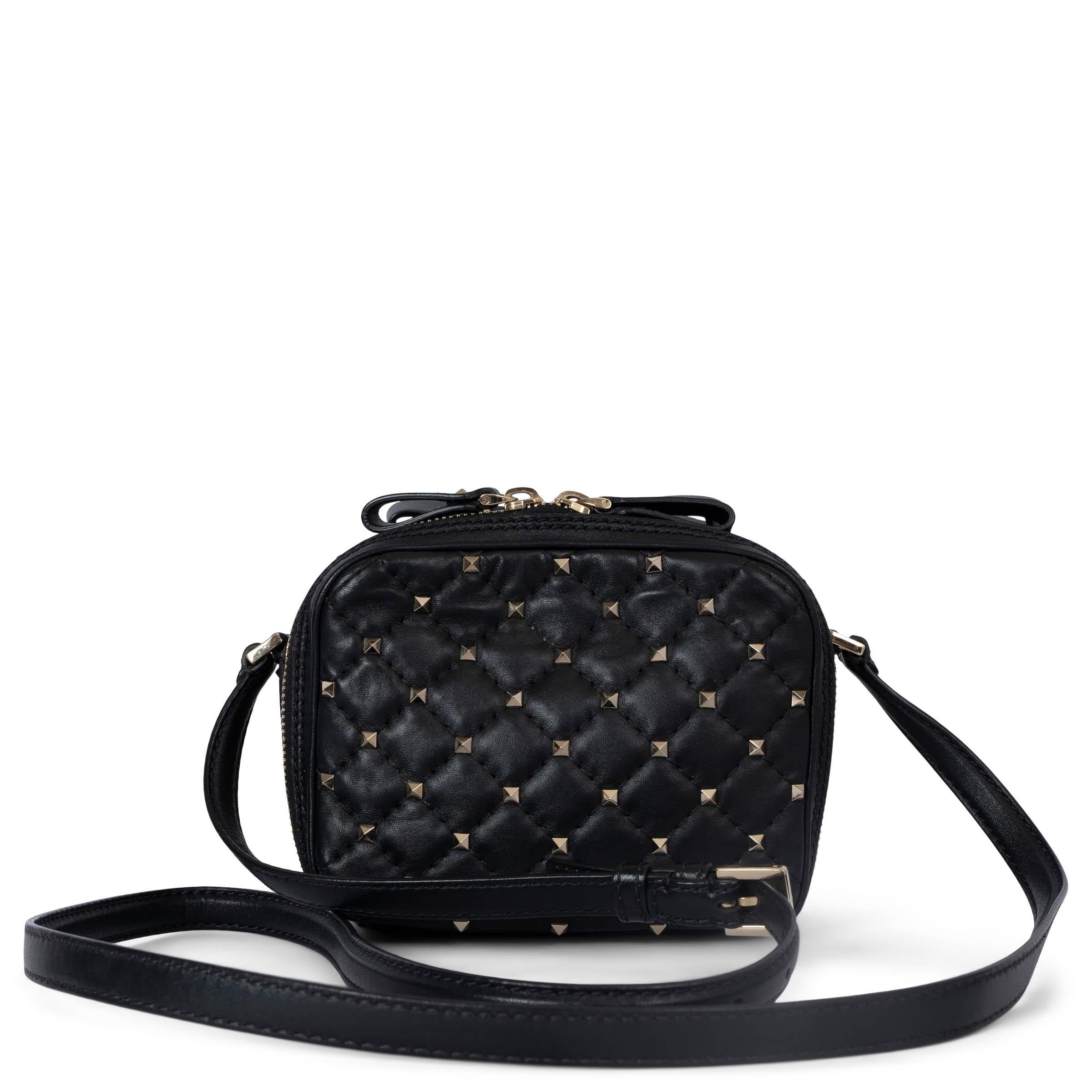 Black VALENTINO black leather ROCKSTUD SPIKE DOUBLE ZIP CAMERA Bag For Sale
