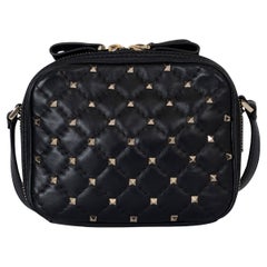 VALENTINO black leather ROCKSTUD SPIKE DOUBLE ZIP CAMERA Bag
